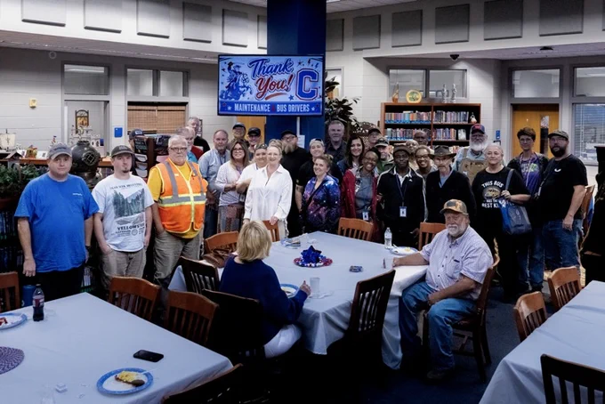 Today we celebrated our Maintenance Team and Bus Drivers with breakfast courtesy of Eggs Up Grill! 💙 Thank you for all you do for CCS, and thank you to Cleveland Middle School for hosting.  #BuildingChampions #BuildingCommunity #ChooseCleveland