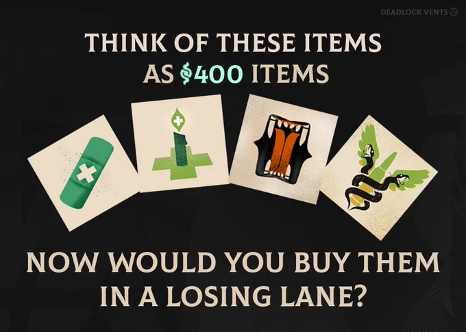 "Think of these items as 400 soul items" then pictures extra regen, healing rite, monster rounds and restorative shot. Text reads: Now would you buy them in a losing lane?"