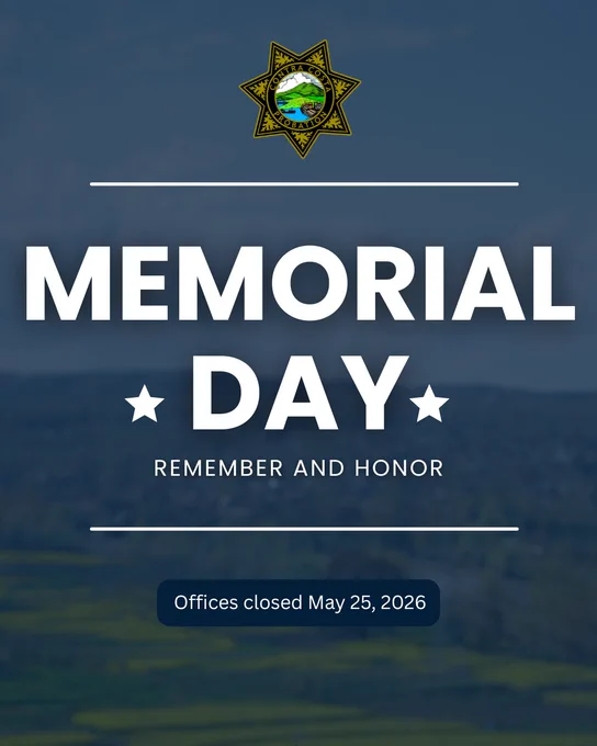 Memorial Day announcement with stars and lines on a blurred landscape background. Includes a badge at the top. Text notes office closure on May 25, 2026.