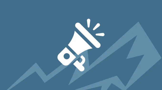 White megaphone icon emitting sound waves on a blue background with ascending arrow shapes symbolizing growth or announcement.