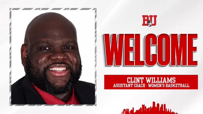 Graphic welcoming Clint Williams to BU as a women's basketball assistant coach.