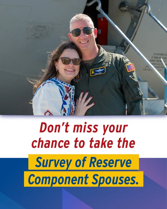 A service member in uniform stands beside their spouse. Text on the image reads: “Don’t miss your chance to take the Survey of Reserve Component Spouses.”