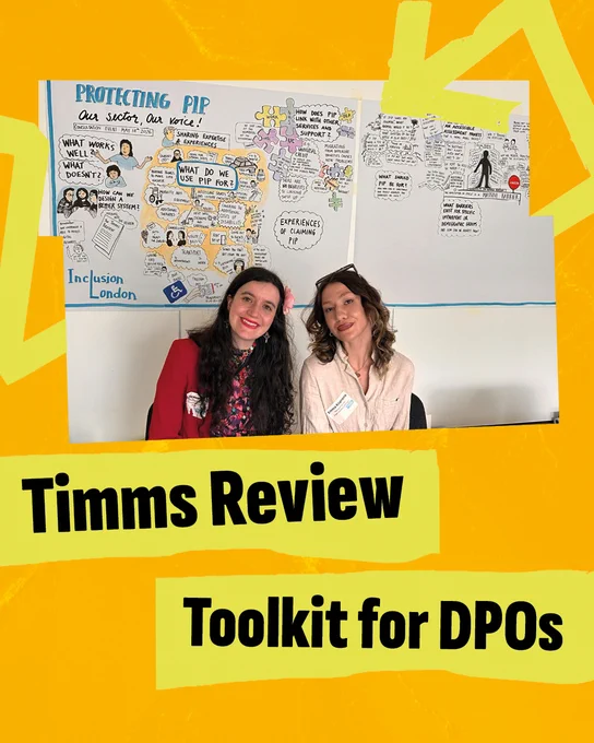Bright yellow graphic with a photo of two people sitting in front of an illustrated event wall. The poster says “Protecting PIP: Our sector, our voice!” and includes drawings and notes about PIP, access, transport and disabled people’s experiences. A bright yellow arrow wraps around the image and bold black text on yellow banners reads: “Timms Review Toolkit for DPOs”.