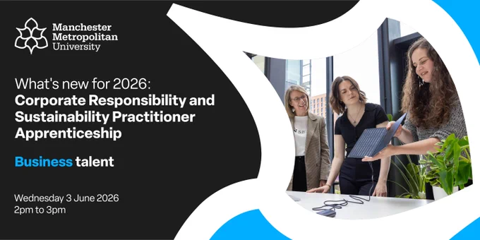 Three professionals discussing a laptop screen in a modern office setting, promoting a 2026 Corporate Responsibility and Sustainability Practitioner Apprenticeship by Manchester Metropolitan University.