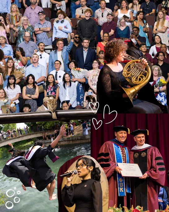 collage of an Audience attentively watching a live musical performance featuring a French horn player on stage. other pictures feature a singer, a man accepting a doctoral degree, and two graduates jumping in the river