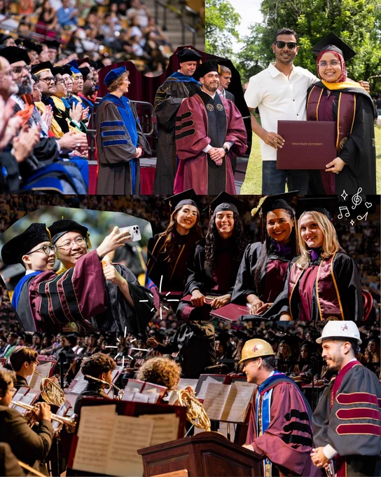 Collage of graduates in caps and gowns celebrating with faculty during a university commencement ceremony indoors and outdoors.