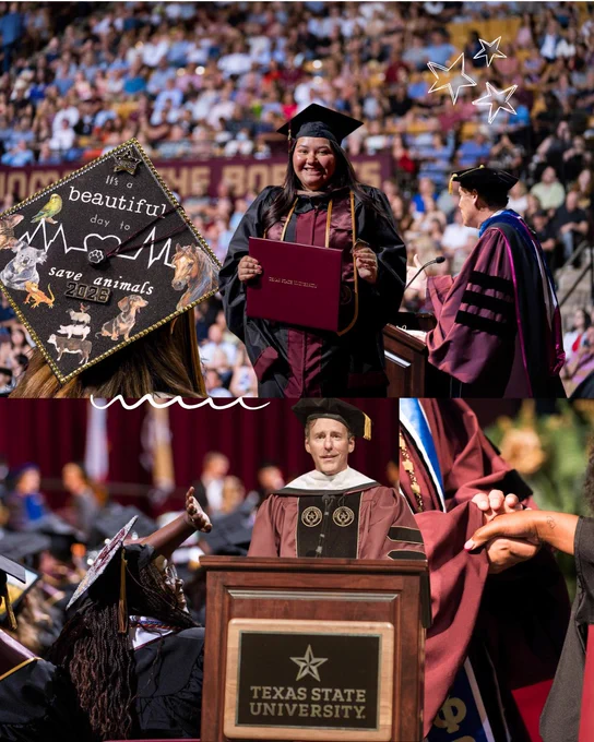 Collage of graduates in regalia holding diploma on stage at Texas State University commencement ceremony.