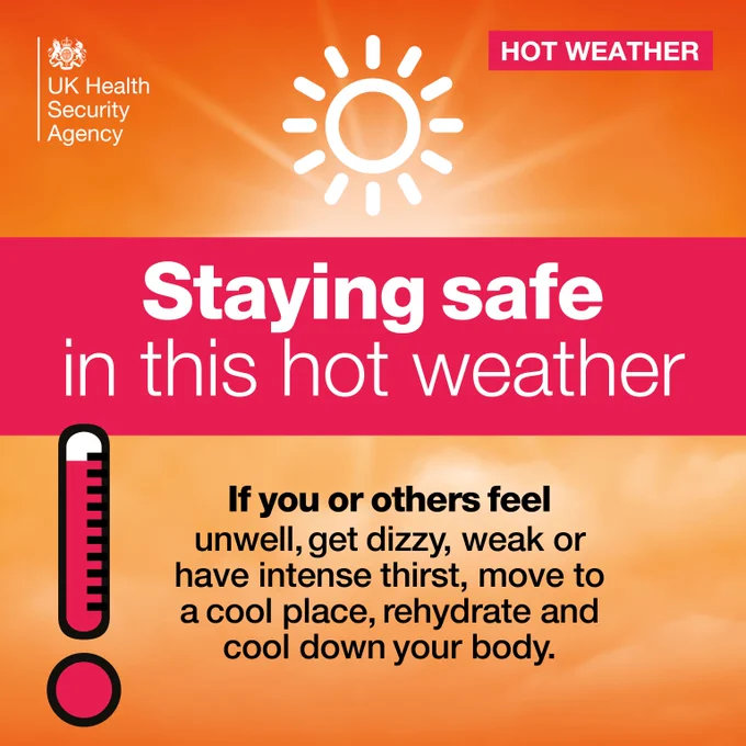 If you or others feel unwell, get dizzy, weak or have intense thirst in this heat, move to a cool place, rehydrate and cool down your body
