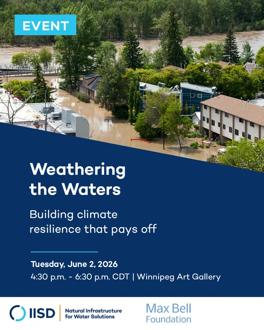 A street with houses flooded by water rising from a river. Text overlaid reads, "Weathering the Waters: Building climate resilience that pays off. Tuesday, June 2, 2026. 4:30 p.m. to 6:30 p.m. CDT | Downtown Winnipeg."