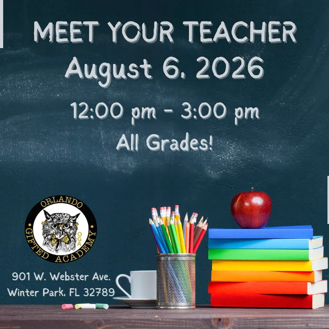 Poster announcing 'Meet Your Teacher' event on August 6, 2026, from 12:00 pm to 3:00 pm for all grades.