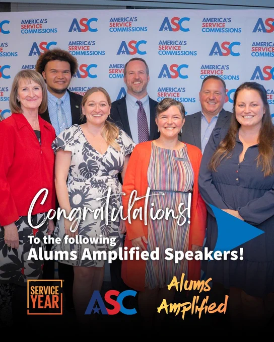 A group of people standing in front of a backdrop with "America's Service Commissions" repeated. Text on the image reads, "Congratulations! To the following Alums Amplified Speakers!" Logos at the bottom include Service Year, ASC, and Alums Amplified.