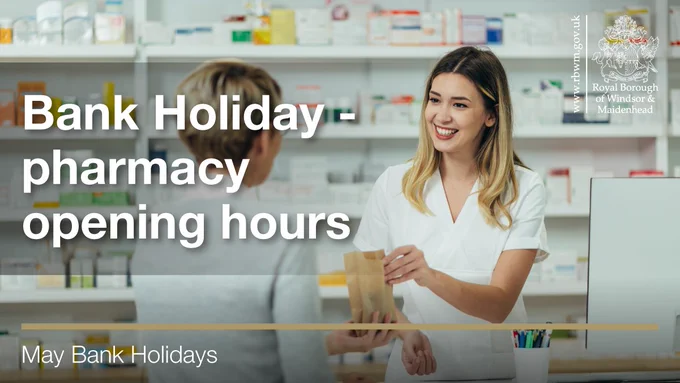 Words say Bank Holiday pharmacy opening hours. Photo of smiling female pharmacist serving a customer.