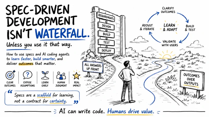 Illustration contrasting spec-driven development with waterfall, showing a man at a fork between rigid steps and an iterative learning path emphasizing outcomes over outputs.