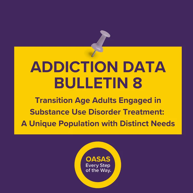 Graphic titled 'Addiction Data Bulletin 8' about transition age adults engaged in substance use disorder treatment on a purple background with the OASAS Every Step of the Way logo. 