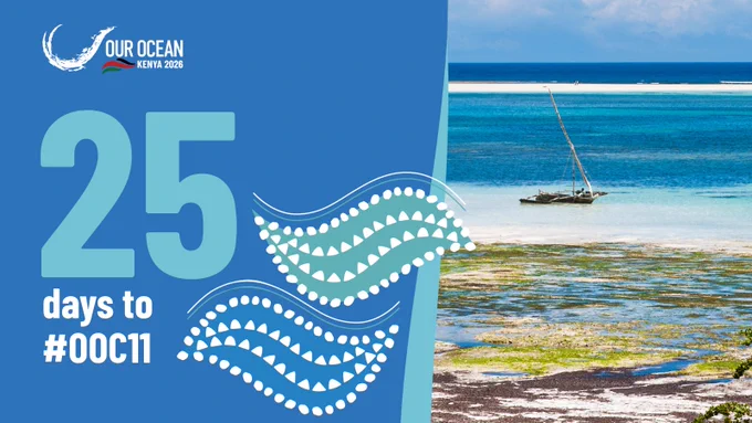 The image features a countdown design with "25 days to #OOC11" on a blue background. Decorative wave patterns are included. On the right, there's a view of a clear ocean with a traditional sailboat near a coastline, beneath a blue sky. A logo for "Our Ocean Kenya 2023" is at the top left.