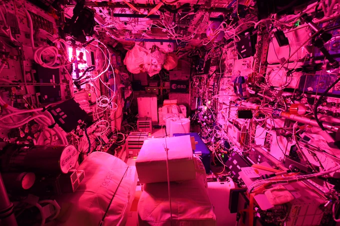 Columbus space laboratory at night bathed in pink light for a vegetable growing experiment. 