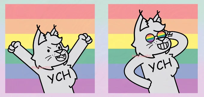 Imagen de dos furry YCH del Pride con la bandera LGBT de fondo.
El primero muestra un furry con los brazos arriba de felicidad; y el segundo muestra al mismo furry posando con gafas de sol que tienen la bandera LGBT en los cristales.

Image of two furry YCH Pride with LGBT flag as background.
First one shows a furry happily with their arms up; and the second one shows same furry posing with sunglasses that have the LGBT flag inside.
