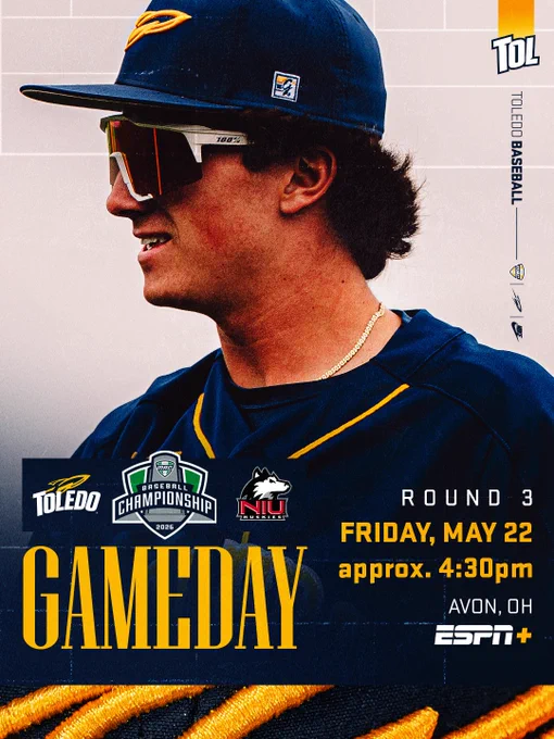 Liam Arsich in graphic of Toledo vs. Northern Illinois baseball game information on May 22, 2026.