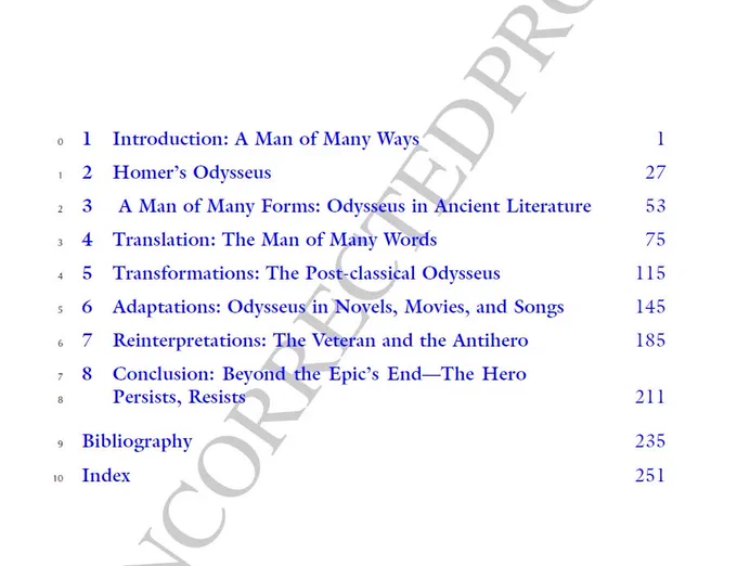 Table of contents for proofs of a book called Why Odysseus

1  Introduction: A Man of Many Ways               1
2  Homer’s Odysseus                         27
3  A Man of Many Forms: Odysseus in Ancient Literature   53
4  Translation: The Man of Many Words             75
5  Transformations: The Post-classical Odysseus        115
6 Adaptations: Odysseus in Novels, Movies, and Songs    145
7  Reinterpretations: The Veteran and the Antihero       185
8 Conclusion: Beyond the Epic’s End—The Hero
Persists, Resists                          211
Bibliography                             235
Index                                  251
