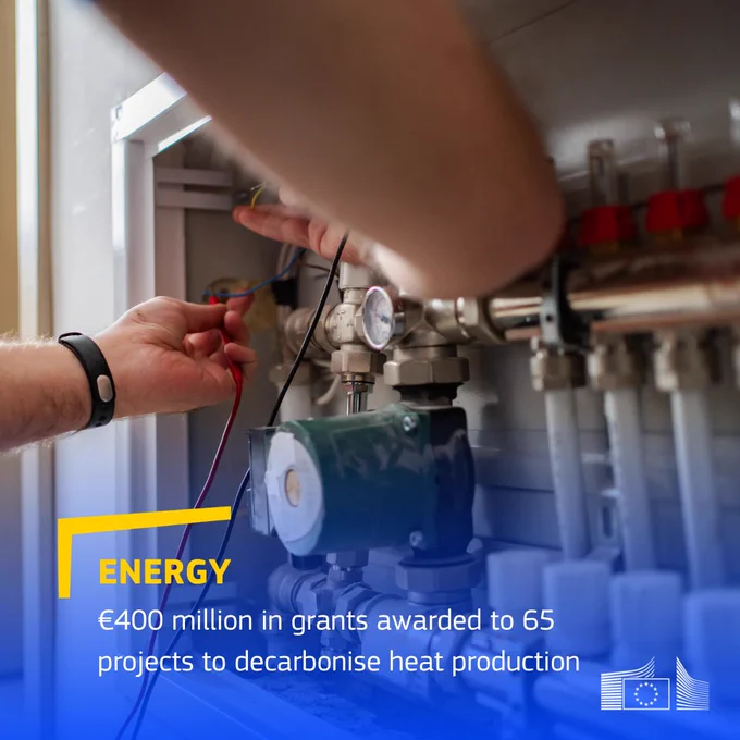 A close-up image showing a technician’s hands working on complex electrical wiring and piping for a heating system manifold. The lower third of the image has a blue gradient overlay featuring the European Commission logo and the text: "ENERGY. €400 million in grants awarded to 65 projects to decarbonise heat production."