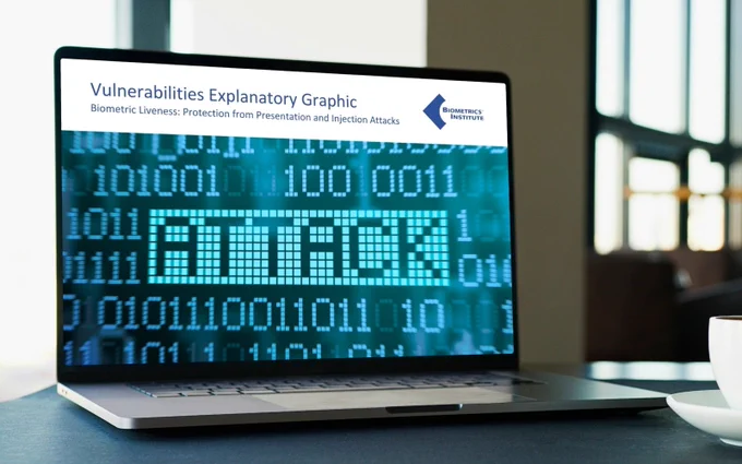 A laptop screen displaying the Biometrics Institute's Vulnerabilities Explanatory Graphic – Biometric Liveness: Protection from Presentation and Injection Attacks.