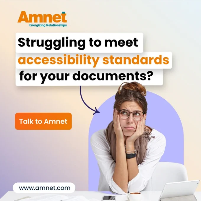 A promotional banner from Amnet featuring a concerned woman sitting at a desk with a tablet, alongside the headline “Struggling to meet accessibility standards for your documents?” The banner includes a “Talk to Amnet” call-to-action button and Amnet branding.