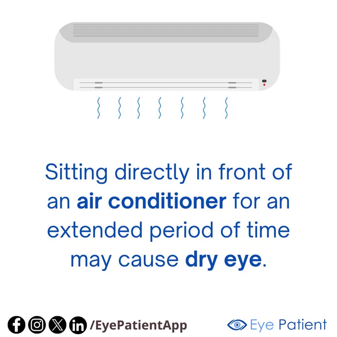 Spending long hours directly in front of an air conditioner can reduce moisture in your eyes and lead to dry eye symptoms like irritation, redness, and discomfort. 

Learn about your eyes through our extensive library, find an eye care professional near you, and monitor your vision with convenient tools on the #free Eye Patient app.

Available on Android & iOS:
https://onelink.to/eyepatientapp