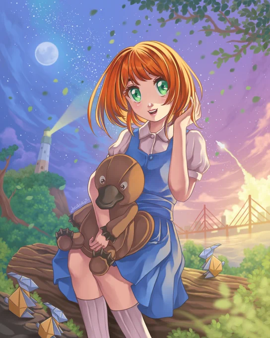 River Wyles, A short-haired girl with orange hair, wearing a blue dress and holding a mole doll with a duck-like beak, stands amidst a scenic landscape with a distant lighthouse in view, on the night a rocket was launched toward the moon, soaring into the star-filled sky beneath the full moon. fanart by Jocatchstar
