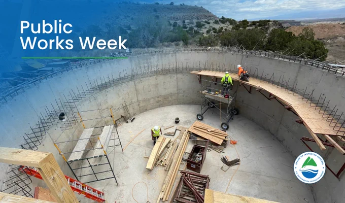 Active construction of a water treatment basin with text overlay: Public Works Week