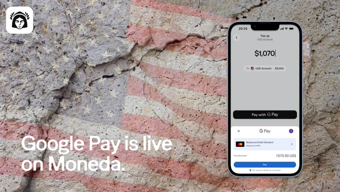 A smartphone displays a Google Pay interface for topping up a USD account, set against a textured background resembling a faded American flag.