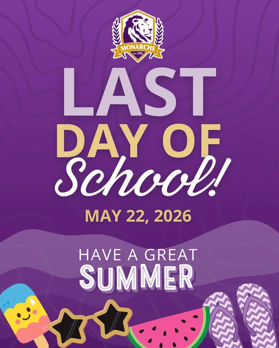 Last day of school message for Denison on a purple background dated May 22, 2026, featuring summer symbols including star sunglasses and watermelon slice.