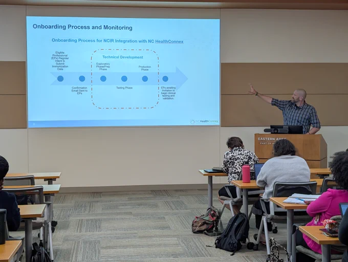 A classroom setting at Eastern AHEC features a person pointing to an on-screen presentation titled "Onboarding Process and Monitoring" for NC HealthConnex. Attendees, seated at desks, face the presentation, taking notes.