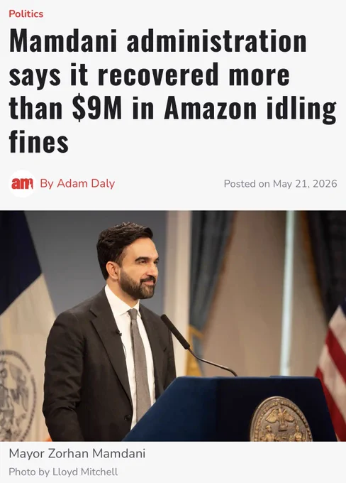 An AMNY headline with a photo of Mayor Mamdani reads: Mamdani administration says it recovered more than $9M in Amazon idling fines.