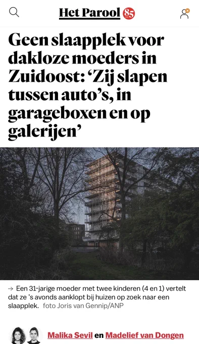 Screenshot parool: Geen slaapplek voor dakloze moeders in Zuidoost: ‘Zij slapen tussen auto’s, in garageboxen en op galerijen’