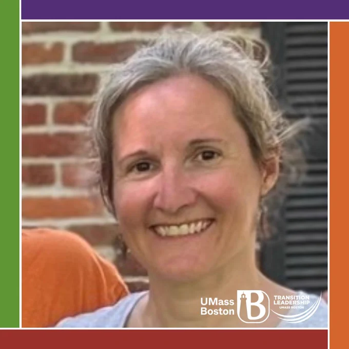 A square graphic with ICI color bars featuring a light skinned woman with tied back graying hair smiling outdoors. 