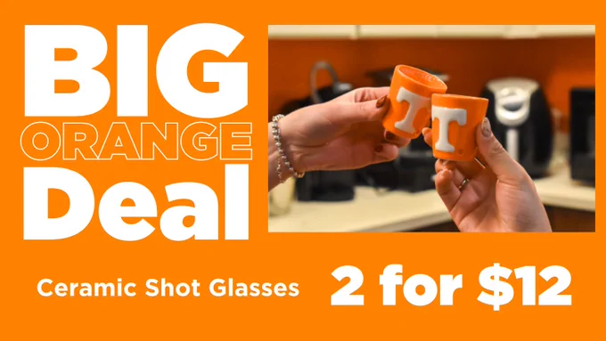 A BIG Orange Deal showing ceramic shot glasses 2 for $12.