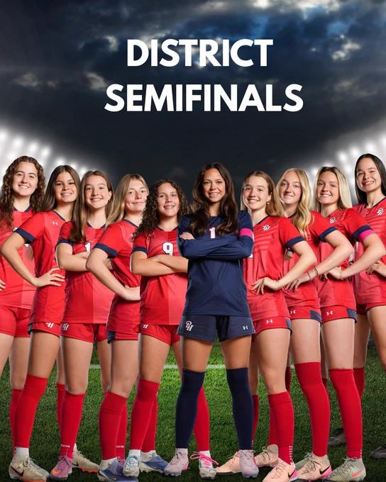 A soccer team of ten girls stands confidently in a stadium. They wear red uniforms and are set against a dramatic sky, conveying a feeling of determination and teamwork.