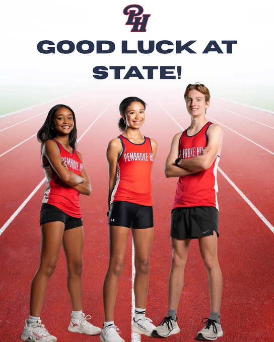 Three young athletes in red and black track uniforms stand confidently on an outdoor track. They are prepared for an upcoming state championship, shown by the supportive text 'GOOD LUCK AT STATE!' above them. The image conveys a sense of excitement and team spirit.