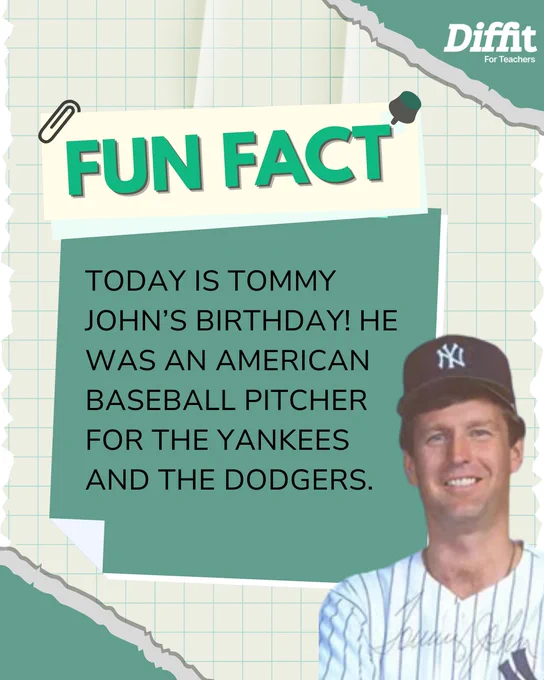 Fun fact: it's Tommy John's birthday! He was an American baseball pitcher for the Yankees and the Dodgers. 