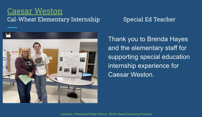 Thank you to Brenda Hayes and the elementary staff for supporting special education internship experience for Caesar Weston.