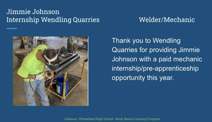 Thank you to Wendling Quarries for providing Jimmie Johnson with a paid mechanic internship/pre-apprenticeship opportunity this year.