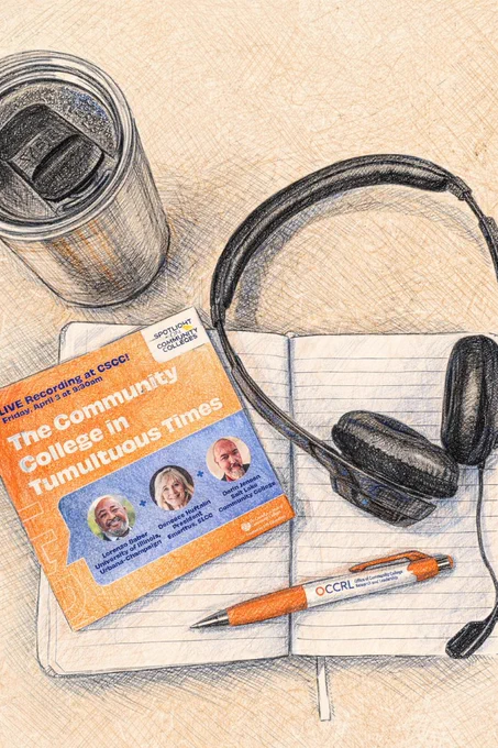 A colorized sketch of a Yeti coffee cup, a flyer, headphones, a pen, and a notebook on a desk.