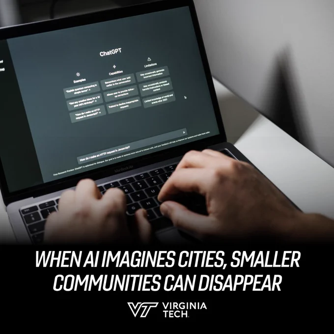 A photo of a user using ChatGPT. Text reads "When AI imagines cities, smaller communities can disappear."