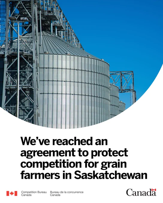 A closeup of a grain processing facility. Text in image: We’ve reached an agreement to protect competition for grain farmers in Saskatchewan.