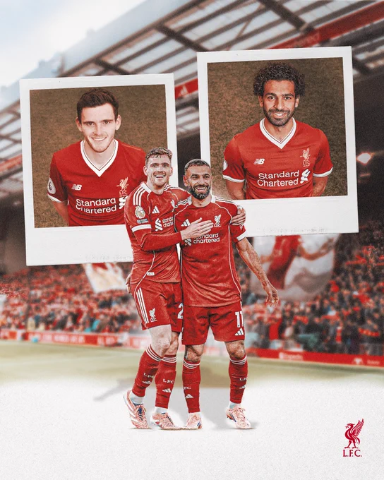A polaroid photo of Robertson and Salah from 2017, and a picture of the two of them celebrating together this season at Anfield. 