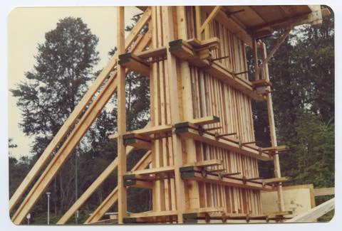 Wood framing for BCIT sign construction on Willingdon Avenue, 1980. 