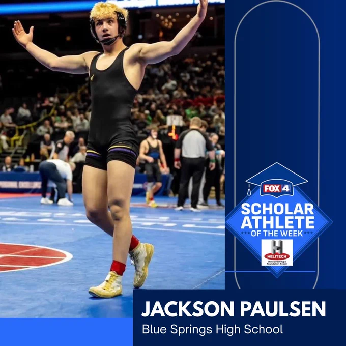 Graphic: Photo of a high school wrestler in a black, purple, and gold singlet. Text: "Scholar Athlete of the Week" - Jackson Paulsen, Blue Springs High School.