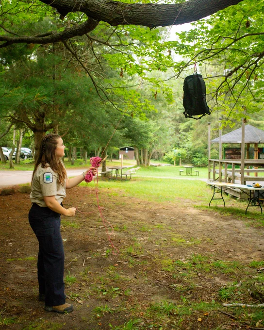 A person with a park ranger patch and badge is in a wooded area holding a pink rope attached to a backpack hanging from a tree. There's a picnic table and a gazebo in the background.
