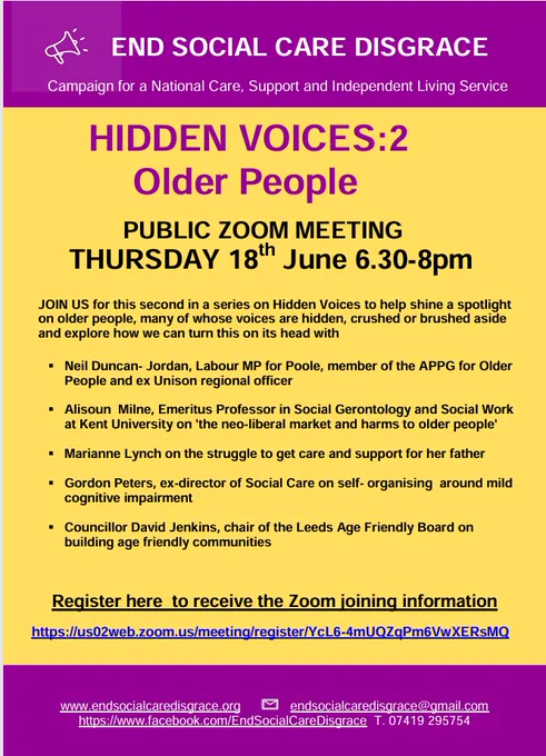 A free online meeting 18th June 1830 on Hidden Voices of older people in the care system. Register here https://us02web.zoom.us/meeting/register/YcL6-4mUQZqPm6VwXERsMQ 