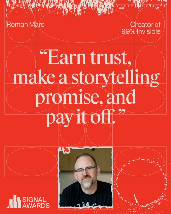 A quote by Roman Mars, creator of 99% Invisible, about storytelling trust. The image features a vivid red background with his portrait and a handwritten-style quote overlay.